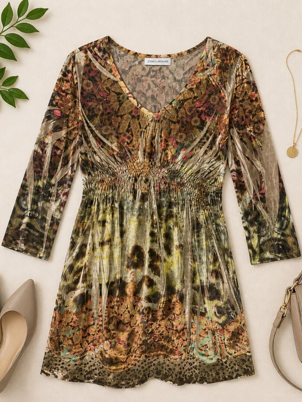 Love and Left Lace Boho Tunic Top S Sheer Floral Smocked Waist 3/4 Sleeve